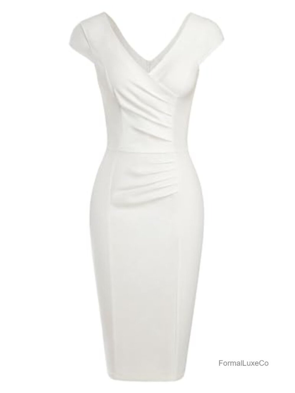 Vintage V-Neck Ruched Sheath Pencil Dress Sleeveless Back Split